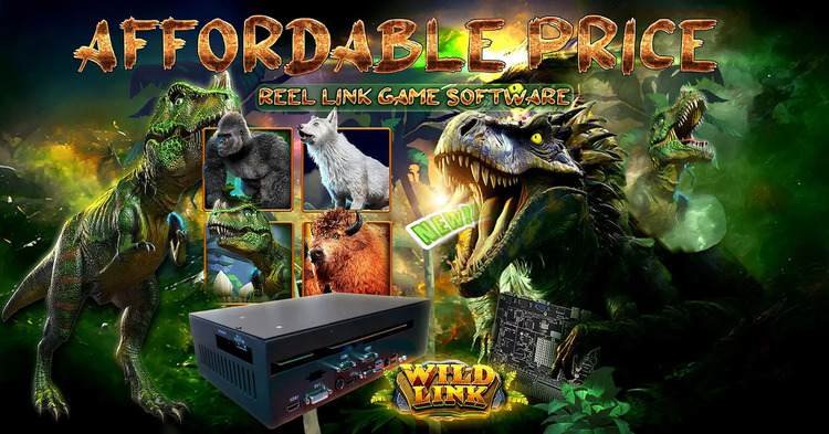 Reel Link Game Software featuring the text "Affordable Price" with depictions of dinosaurs, alpacas, and other animals. There is also an image of a gaming machine and a "Wild Link" game logo. The background is a lush, green jungle scene, catering to savvy skill games vendors.