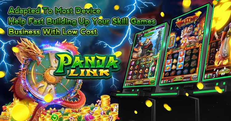 A colorful slot machine with a panda design, showcasing the Panda Link feature on a touch screen arcade interface.