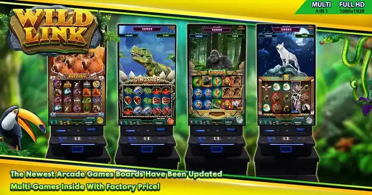 A colorful wild link slot machine adorned with a gorilla, snow wolf, dinosaur, and buffalo, promising thrilling gameplay experiences