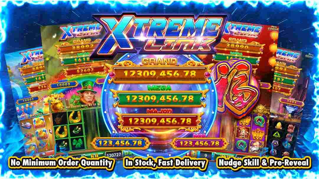 Bright promotional graphic for Xtreme Link featuring various colorful slot machine screens