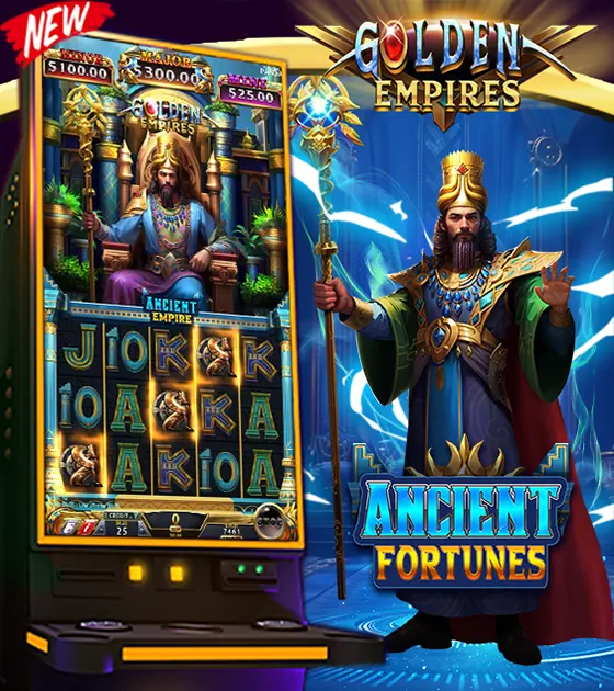 A golden emperors slot machine featuring the Ancient Fortunes theme, showcasing skill game elements and vibrant graphics.