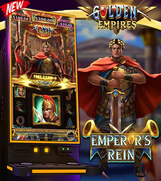 An eye-catching slot machine named "Emperor's Reign," representing the opulence of empires in the Golden Empires Series.