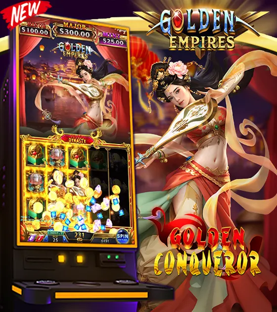 A vibrant golden empires slot machine game featuring the Golden Conqueror theme, showcasing skill-based gameplay elements.