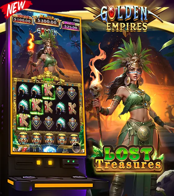 An engaging golden empires slot machine game with a Lost Treasures theme, tailored for vertical game play.