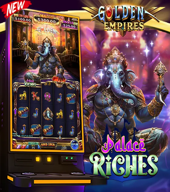 A vibrant golden slot machine themed Palace Riches in the Golden Empires game series, showcasing opulent designs.