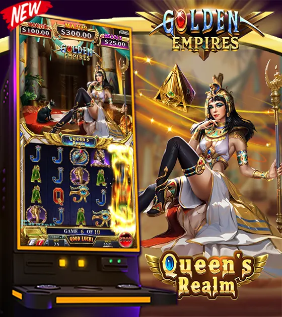 A vibrant golden empress slot machine game featuring the Queen's Realm from the Golden Empires Series, showcasing nudge mechanics.