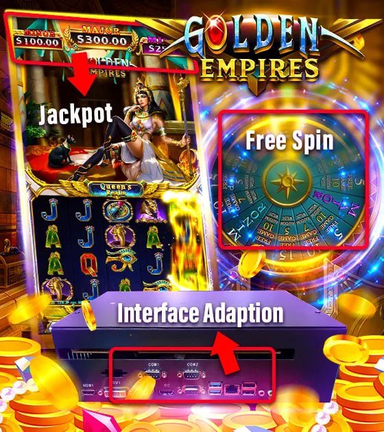 Golden empires slot machine with a dynamic interface, highlighting free spins and jackpot opportunities for players.