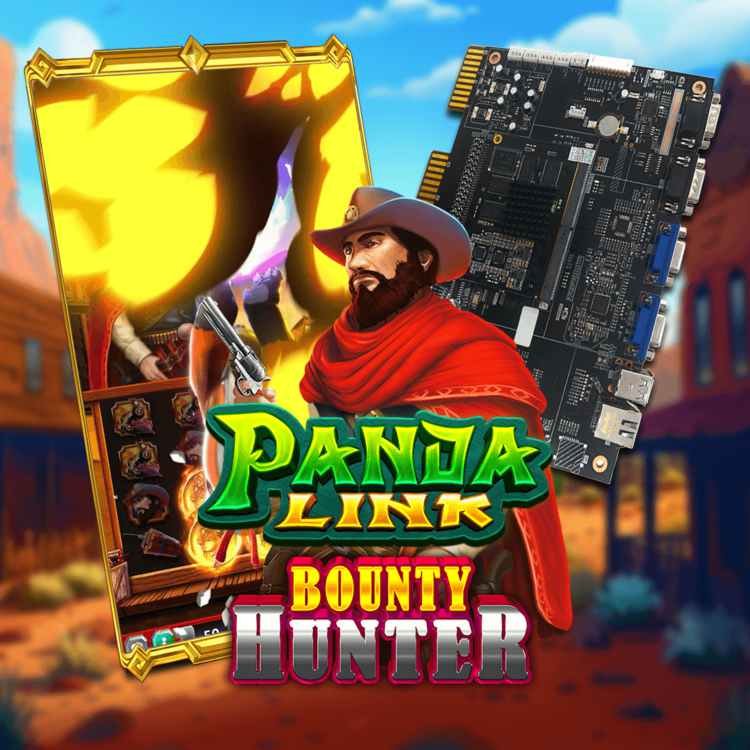 "Panda Link: Bounty Hunter" features a cowboy character with a red scarf in front of a desert town backdrop. The game includes visual elements of a Skill games boards interface and a circuit board, with the game title displayed prominently.