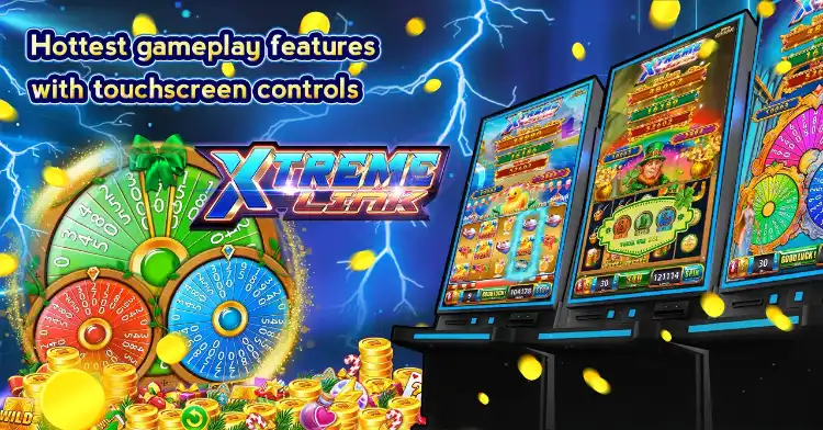 Slot machines with spinning reels, lightning effects, and coins, showcasing the excitement of Xtreme Link jackpots.