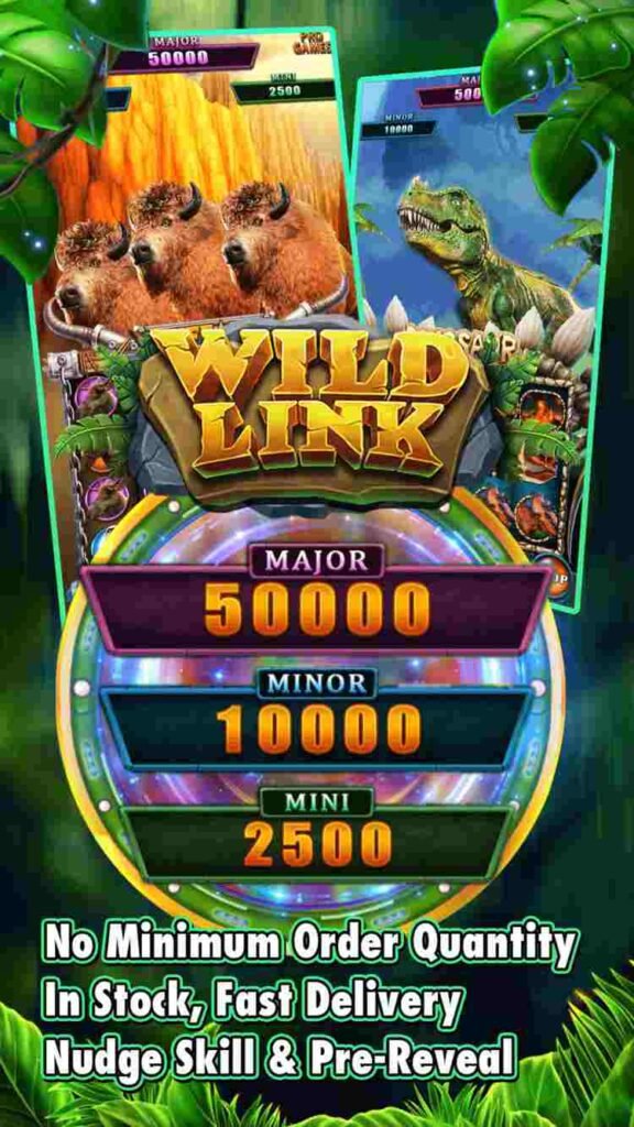 Step into the thrilling world of "Wild Link," where camels and dinosaurs roam together. Spin the wheel to win Major 50,000, Minor 10,000, or Mini 2,500 prizes. Enjoy key features like No Minimum Order Quantity, In Stock, Fast Delivery, plus Nudge Skill & Pre-Reveal! Don’t miss out!