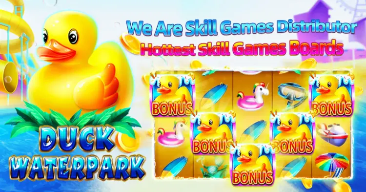 A vibrant duck-themed waterpark slot machine featuring panda link touch screen games for an engaging gaming experience.