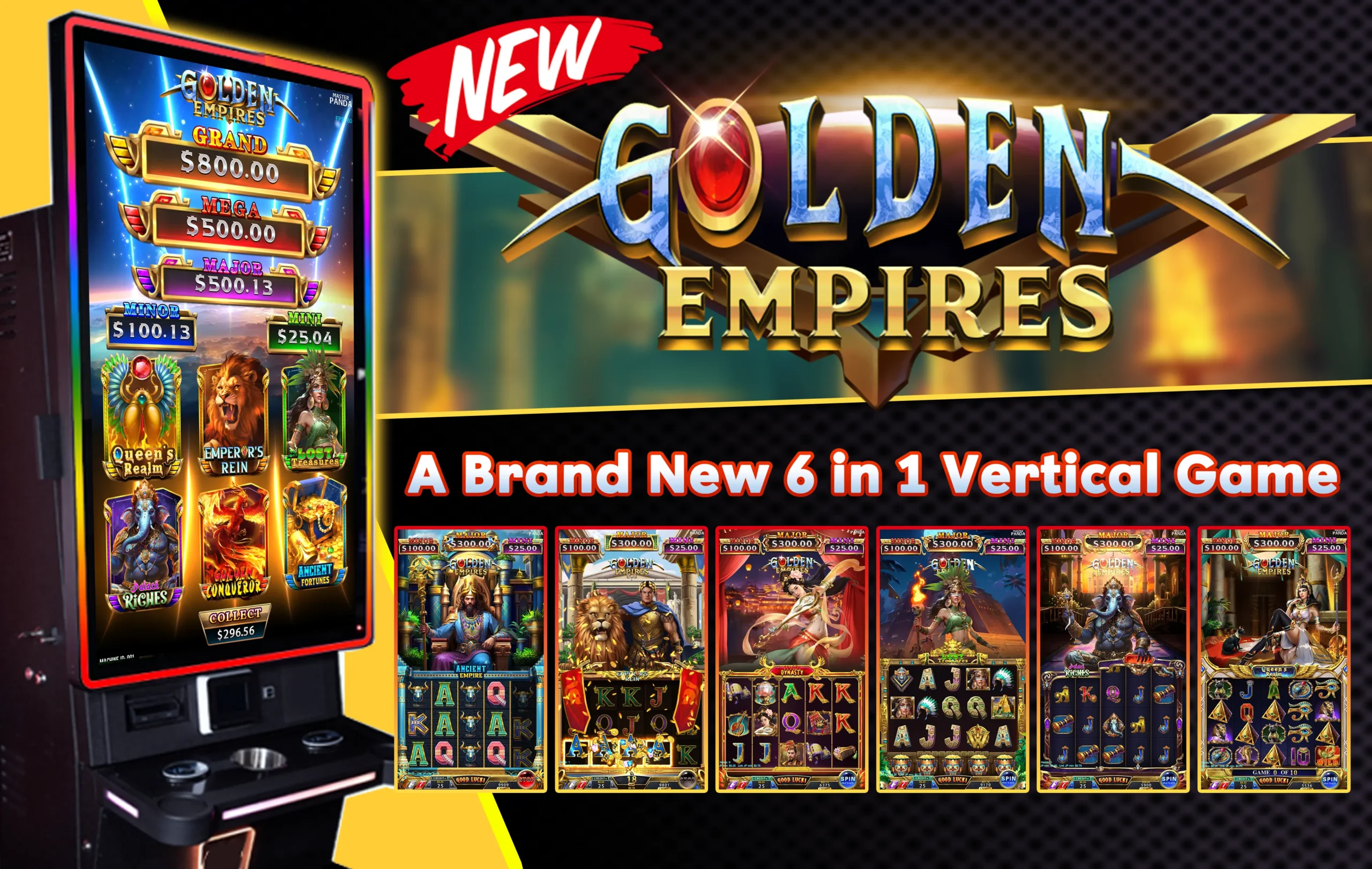 Goden Empires,6 in 1 vertical Game including Queen's Realm,Emperor's Rein,Lost Treasures,Palace Riches,Golden Conqueror and Ancient Fortunes